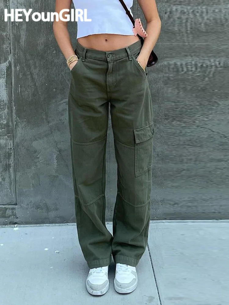

Casual Vintage Green Cargo Pants Women Fashion Cotton High Waist Jeans Army Military Denim Trousers Ladies Pockets