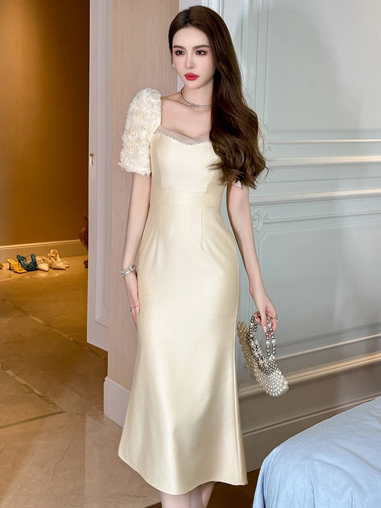 Gentle Elegant Dress for Women Satin Yellow Flower Bubble Sleeve Bodycon  Fishitail Robe Party Holiday Vestidos Maxi Clothes Lady - AliExpress  200000345