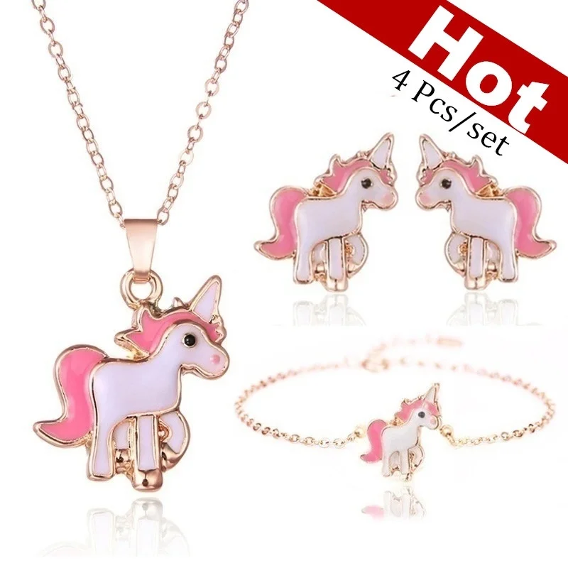 4 in 1 Earring and Necklace Set Cartoon Unicorn Jewelry Pink Girls Xmas Gift jewelry sets jewelry set women earrings chain necklace