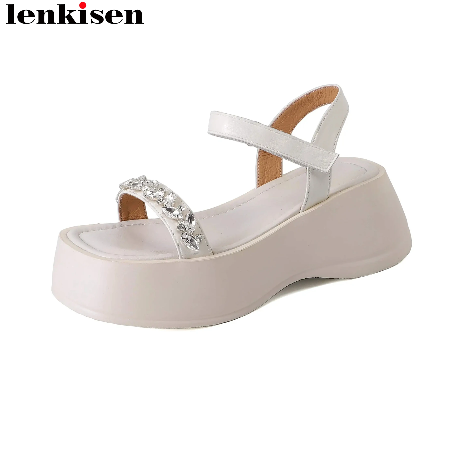 

Lenkisen 2024 Cow Leather Buckle Straps Rhinestone Peep Toe Summer Shoes Elegant Party High Heels Casual Platform Women Sandals