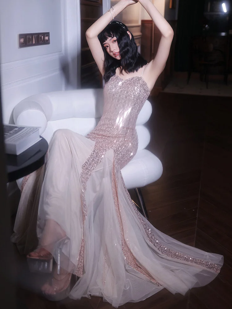 

Evening Dress Women 2023 New Banquet Style Celebrity High end Light Luxury Small Crowd High end Sequin Sling Fishtail Dress
