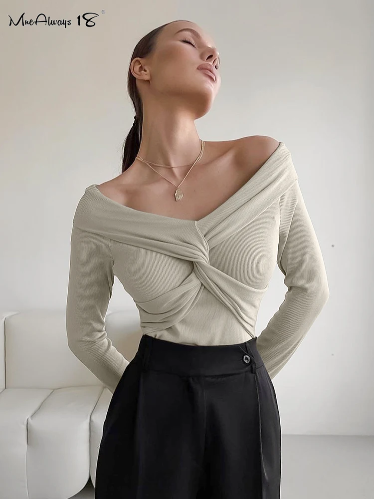 

Mnealways18 Overlap Sexy Ribbed Knitted Tees Slash Neck Long Sleeve Inner Spring Tops Office Lady Cross Khaki Pullover Tops 2024