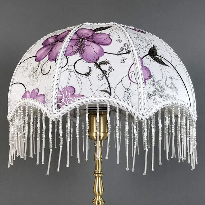 European Vintage Luxury Lampshade Table Lamp Cover Retro Princess Rustic Bedroom Bedside Bead Lace Fabric Lamp Cover Home Decor