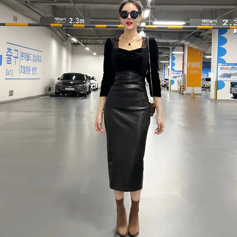 

New Fashion 2023 Spring Summer Womens Pu Faux Leather Black Zipper Sashes Slim Bodycon Empire Back Slit Mid-calf Skirts