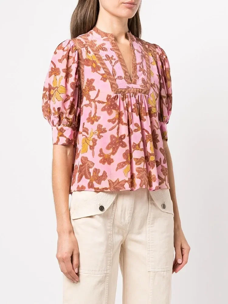 

2023 Summer New Heavy Industry Puff Sleeve V-neck Sand-washed Silk Women Mid-sleeve Shirt