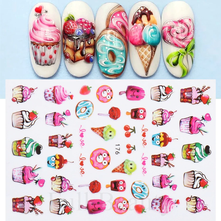 Nail Stickers Decals Art Decoration Cartoon Ant Ladybug 3D Cute Kawaii Mushroom Ice Cream Cake Sliders For Summer Manicure