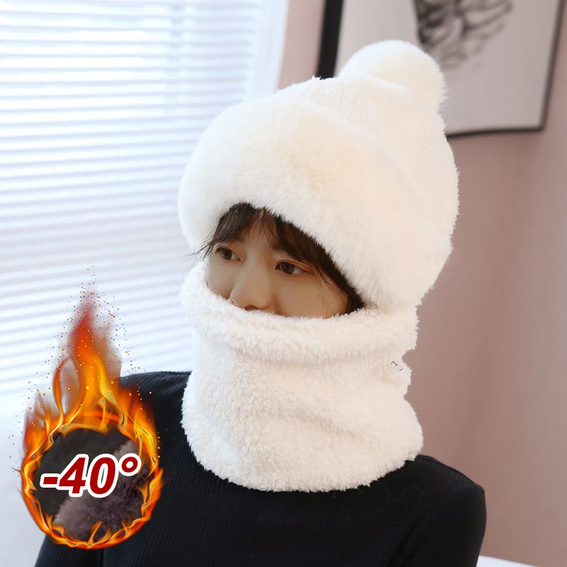 Winter Scarf Set Hooded for Women Plush Neck Warm Russia Outdoor Ski Windproof Hat Thick Plush Fluffy Beanies knitted scarf,fleece scarf,neck warmer,knitted bunny hat