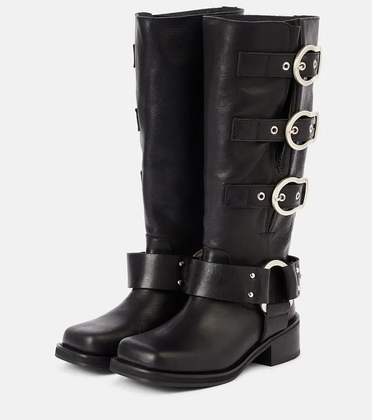 

Black Square Toe Block Heel Shoes Vintage Calf High Buckle Boots Large Size 13 15 Ladies Fashion Shoes Thigh Boot