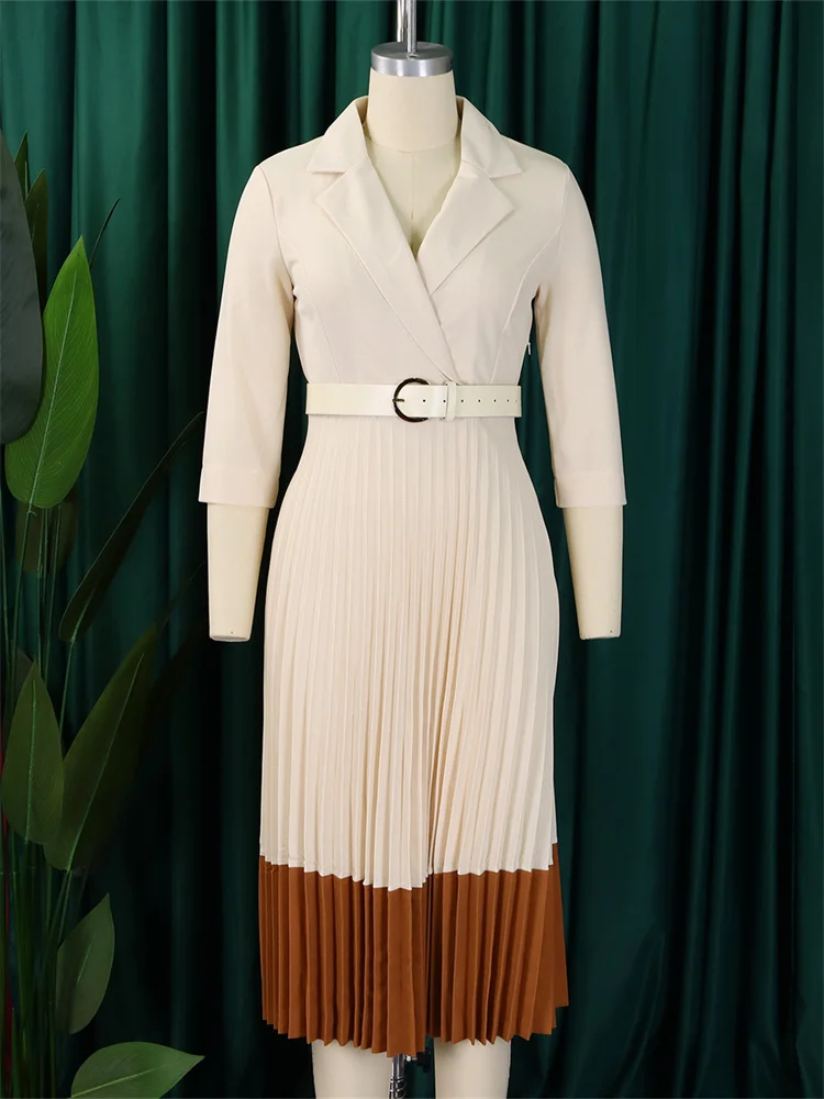 Wmstar 2025 New Women Fashionable Elegant Plus Size Dress Suit Collar Pleated Dress Solid Color Long Sleeve Equipped with Belt