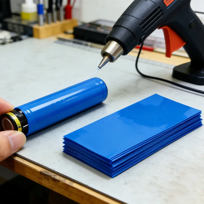 Gaine thermorétractable PVC appliquée sur une batterie 18650, montrant l'isolation.