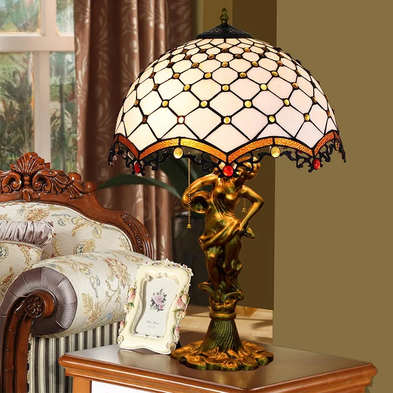 

Home Decor Antique Mediterranean White Bead Lampshade Bedroom Lamp Stained Glass Tiffany Table Lamp