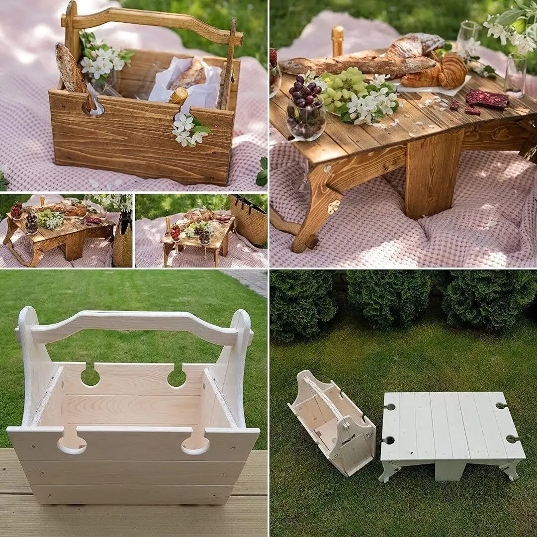 Wooden Folding Table Portable Outdoor Beach Camping Garden Furniture Picnic Desk Tea Wine Glass Holder Storage Basket