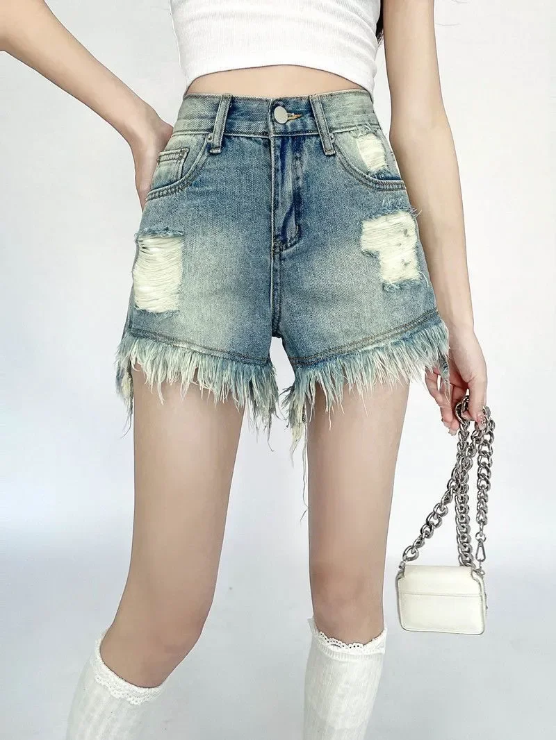 Tassel Denim Shorts Women’s High Rise Waist Fashion Cozy Korean Style Special Creativity womens plus size Ladies Summer All-match Simple Modern Basics Classic short pants for Woman in trend distressed light blue