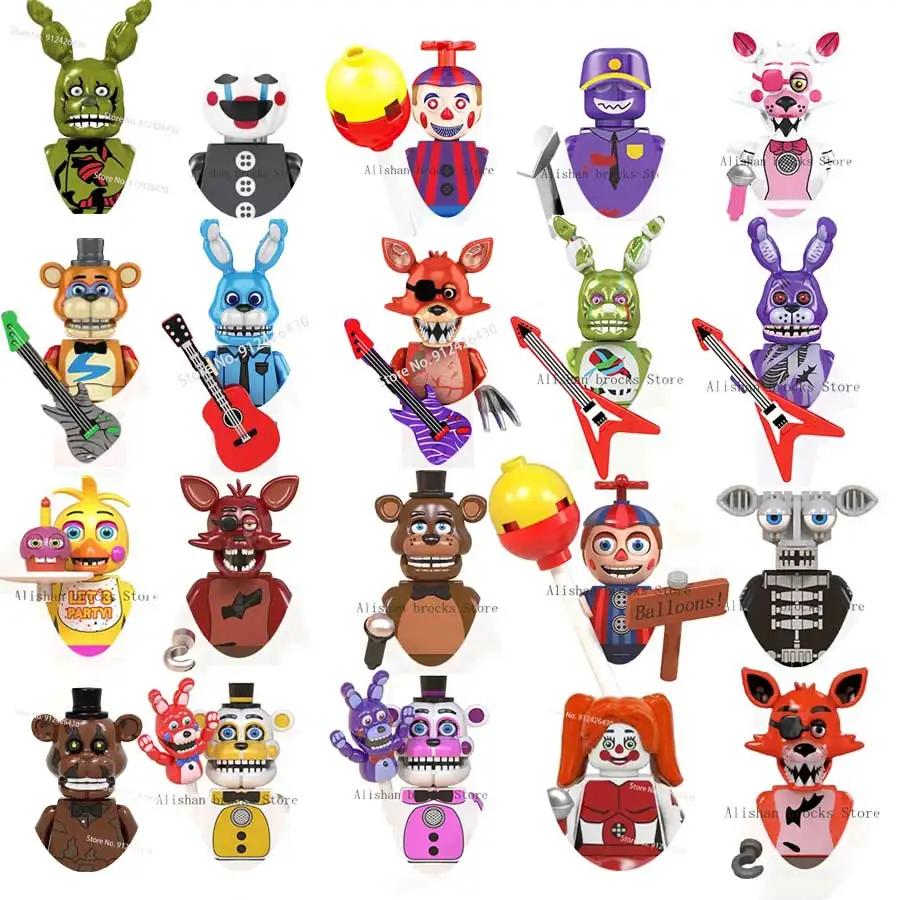 Wm6074 Wm6097 Mini Bricks Fnaf Game Figure Chica Bonnie Foxy Freddy Bear Nightmare Boy Skeleton Thriller Assembly Toys Gift