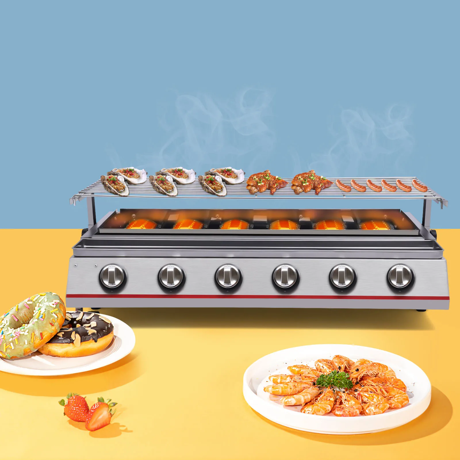 

Tabletop Grill Smokeless BBQ with 6 Burners Portable Gas Barbecues Griddle, 6 Independent Switches Gas Grill Griddle
