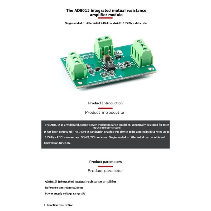 CJSD-AD8015 통합 트랜스임피던스 증폭기 보드 모듈 단일 종단에서 차동형으로 변환, 240M 대역폭, 155Mbps 데이터 속도