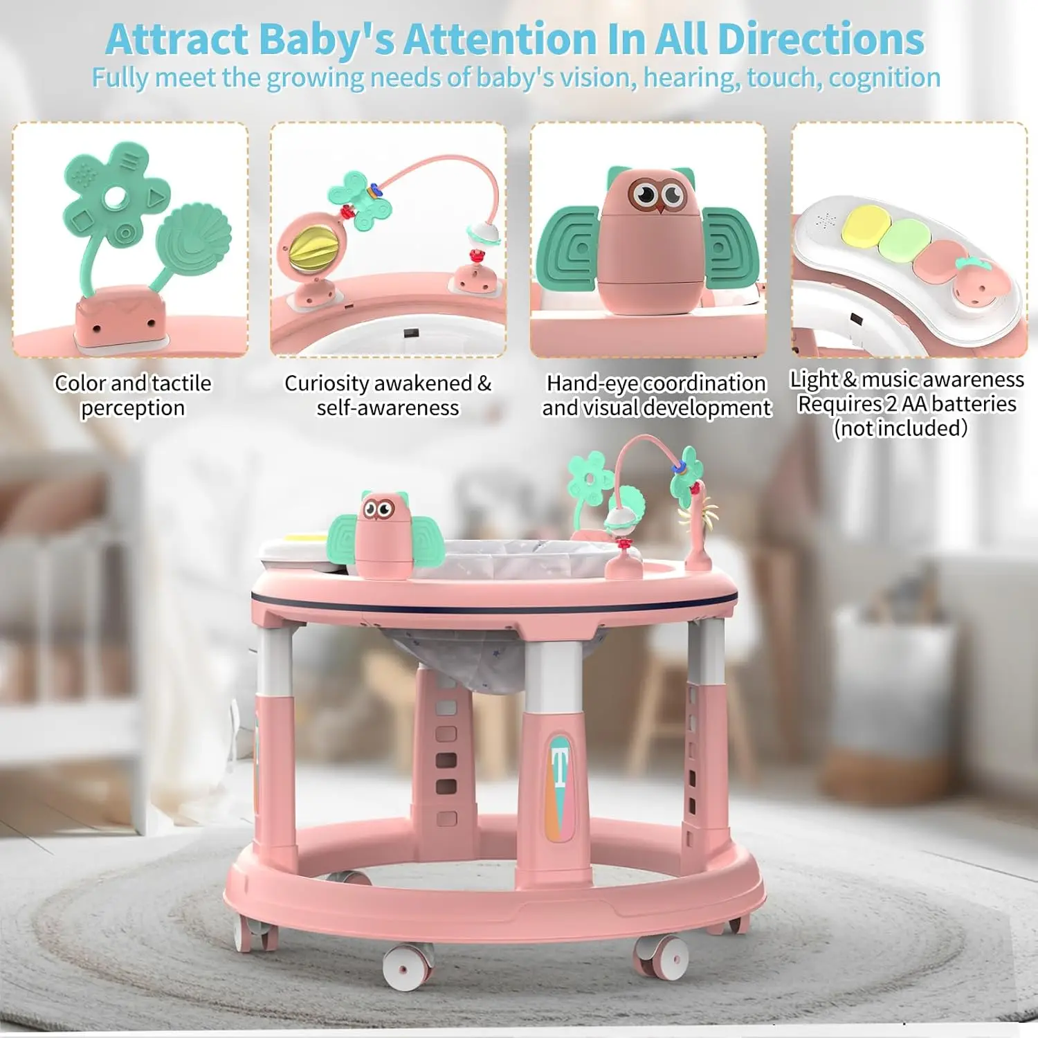 Baby Walker with 5 Adjustable Heights Baby Activity Center Features 360° Swivel Seat Music Detachable Toys Bounce Foot Pad 5