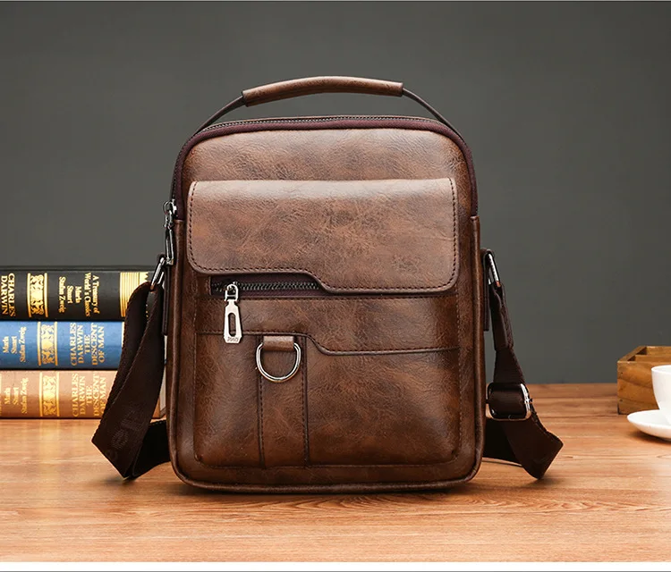 Men Shoulder Bag PU Waterproof Retro Business Fashion Handsome Multi Layered Divided Crossbody Large Capacity Handbags