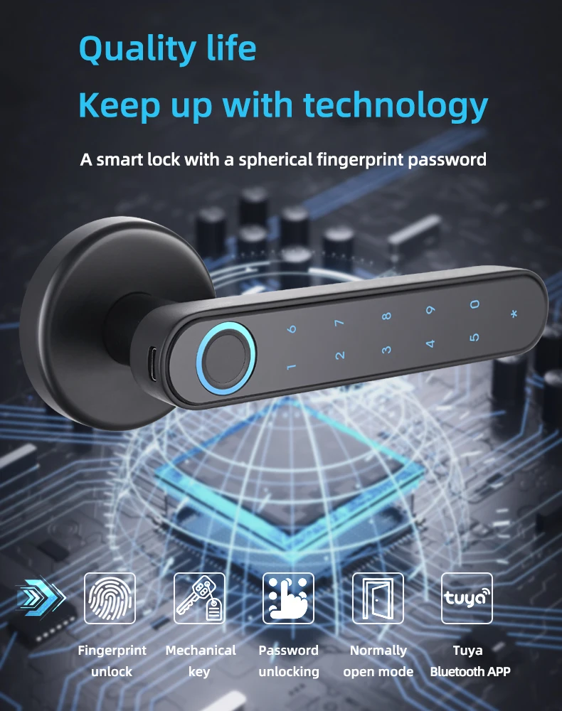 Tuya APP Smart Fingerprint Single Latch Deadbolt Lock For Indoor Wooden Metal Door Mechanical Key Unlocking With Password