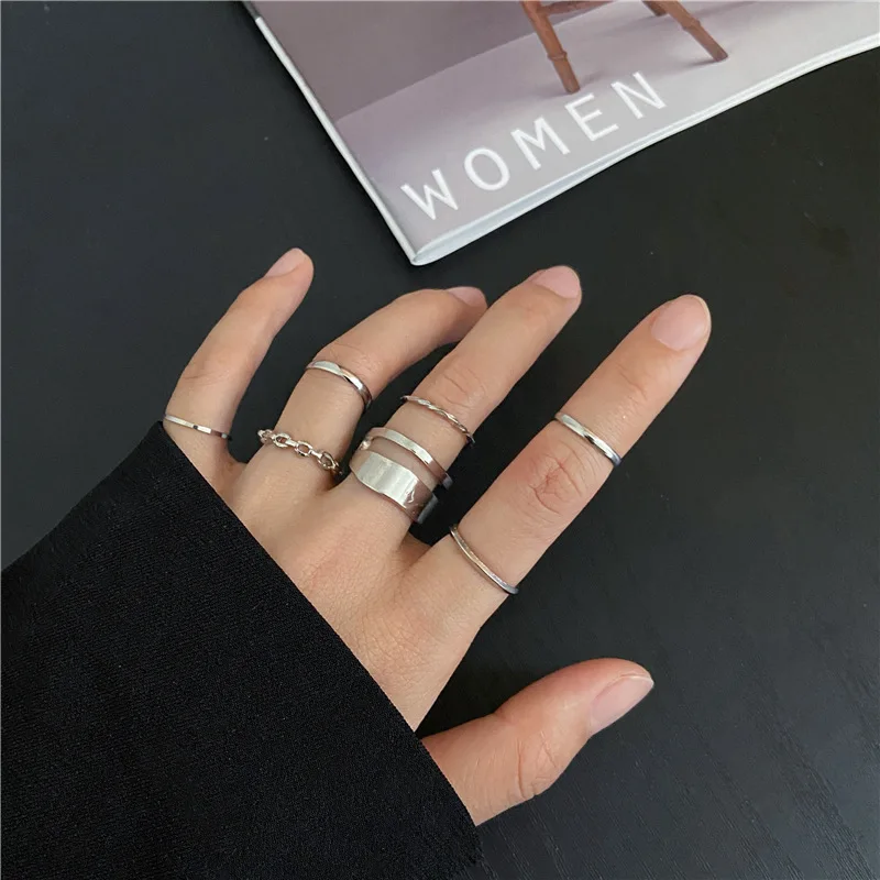 Silver Geometric Hollow Wide Ring Set - Vintage Punk Style Women's Finger Jewelry