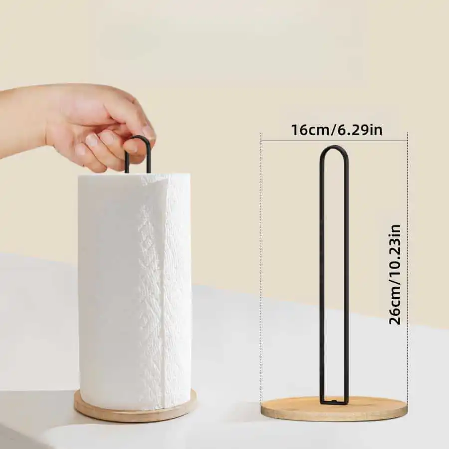 Wood Paper Towel Holder, Black Paper Towel Holder Countertop, Kitchen Towel Holder Free-Standing with Non-Slip Wooden Bas 4