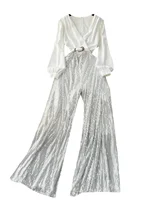 Ele Long Sve Sequin Wide Leg Pants  Suit Women's Design Sense Fake Two-Piece irt And Pants Ensemble - Image 5