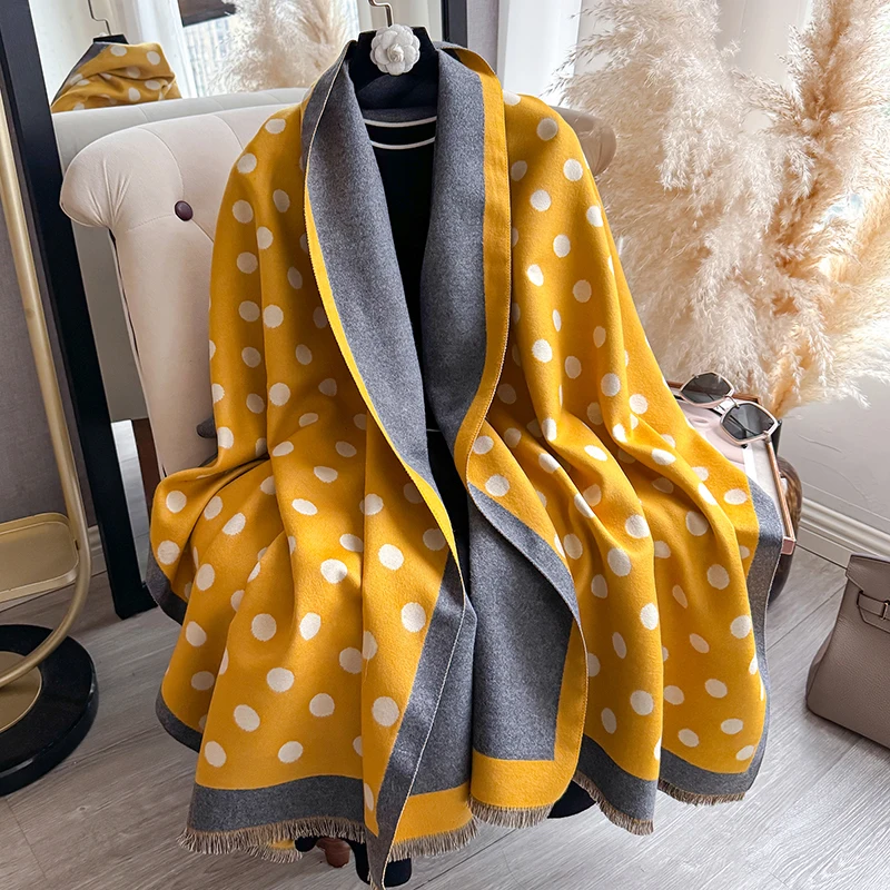 Women's Luxury Faux Cashmere Scarf Dot Pattern Warm Thick Pashmina Blanket Poncho Fashion Print for Autumn Winter