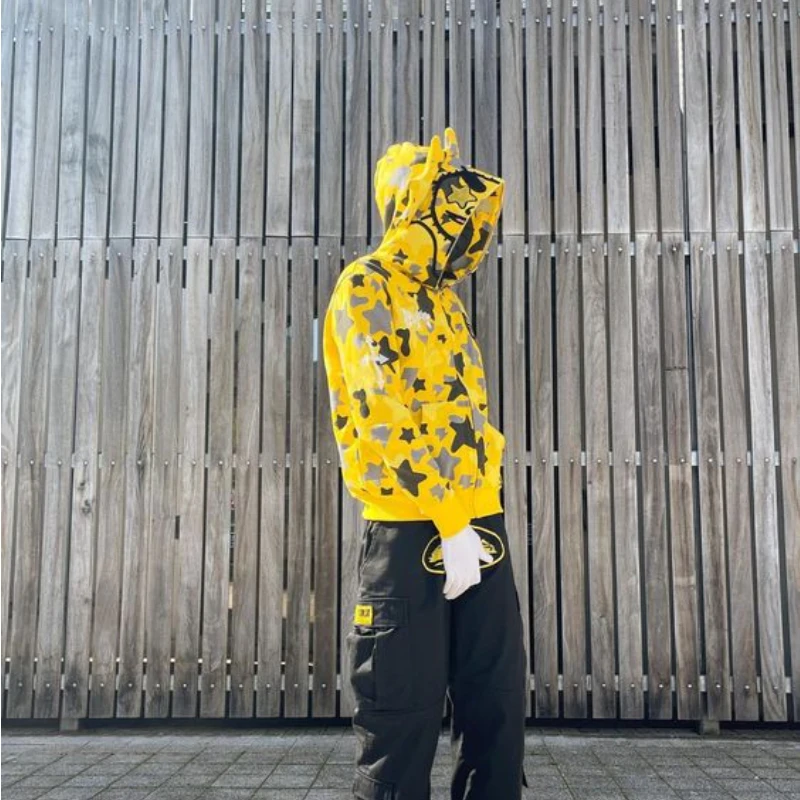 Y2k Yellow Star Lace Hoodie Cardigan Men Women American Autumn Sweatshirt Campus Style Personality Design Casual Hoodie Jacket
