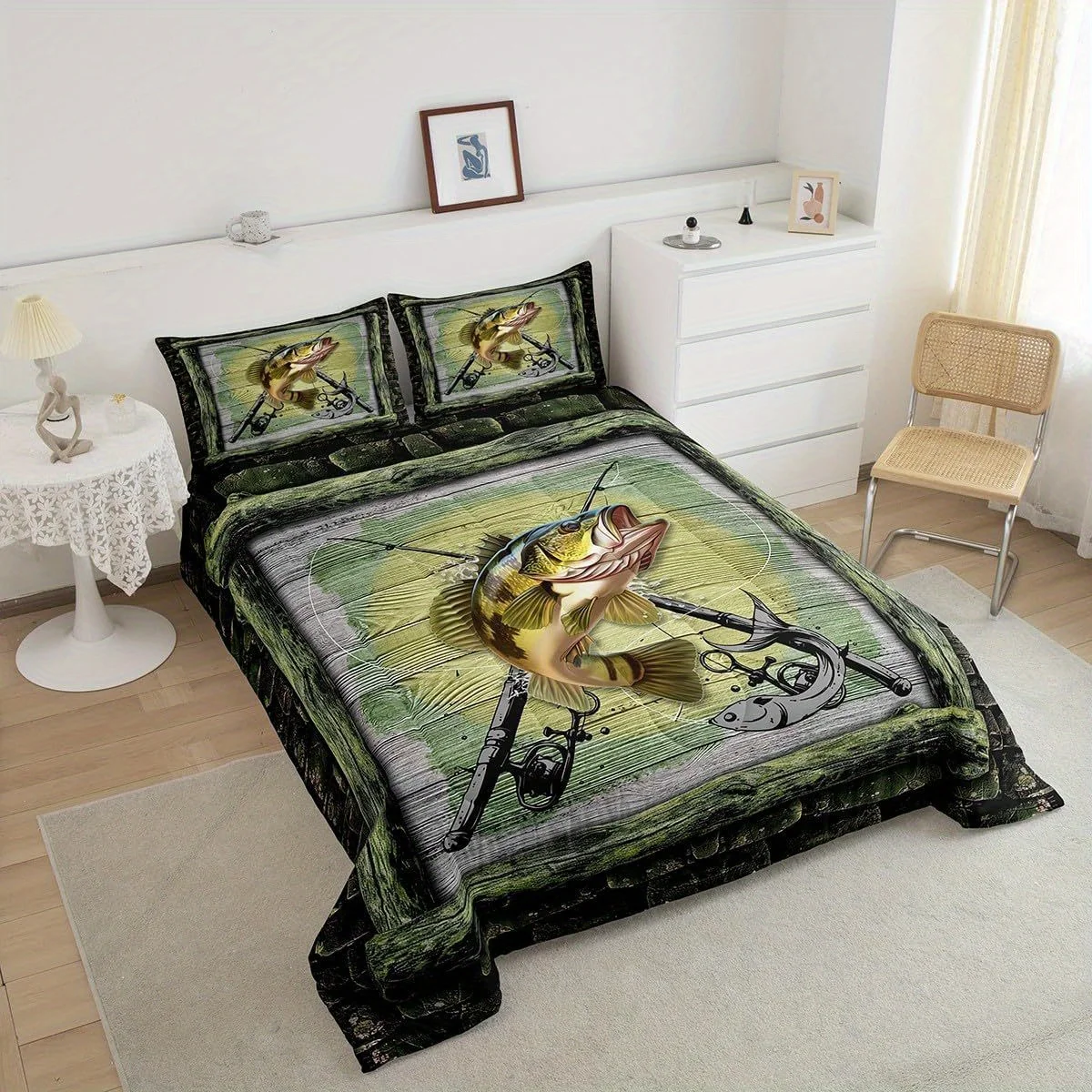 2/3Pcs Fishing Hunting Comforter Set, Pike Bass Fish Pattern Rustic Wooden Bedding with Pillowcases, All Season Soft Warm