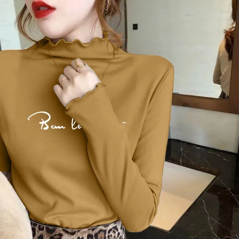 

2023 New Women Oversized Outer Wearing Half High Collar Base Shirt Versatile Autumn Winter Letter Printed T-shirt Top Undershirt