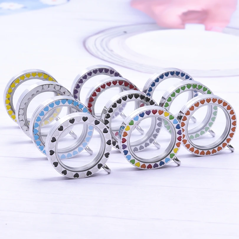 

5PCS Glass Colorful Heart Totems Jewelry Making Reliquary Medallion Photo Necklaces Spin Pendants Charm memory Floating Locket