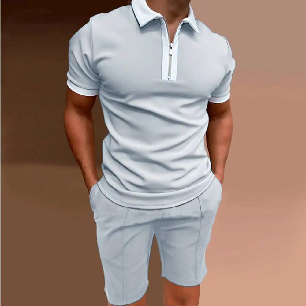 Summer Mens Polos Tracksuits Short Sleeve Zip Polo Shirts Shorts Set
