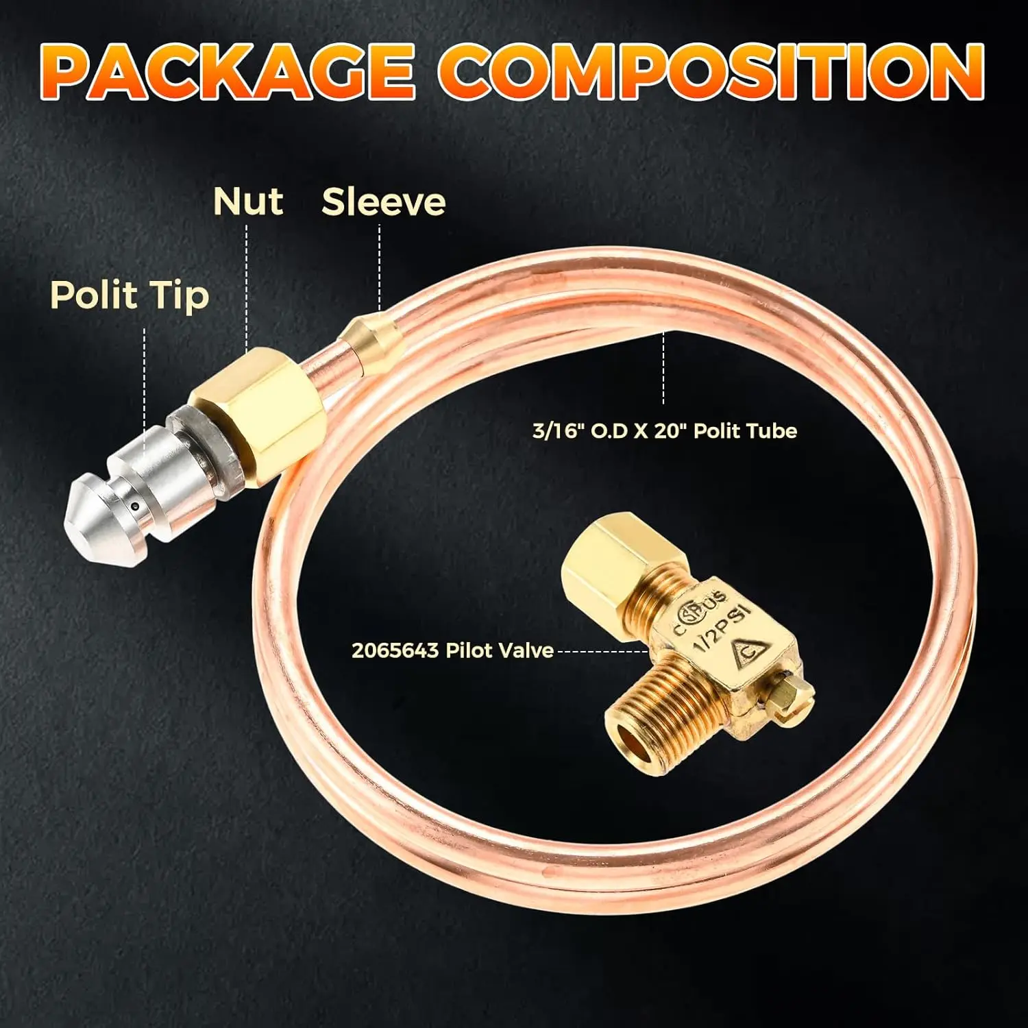 Pilot Tube 3/16" OD X 20" Copper Pipe Bendable Range Oven Pilot Burner with 2065643 Valve for Hotel Kitchen Gas Equipment