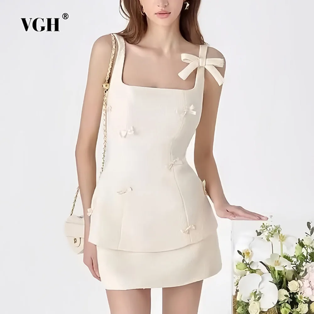 

VGH Elegant Two Piece Set For Women Square Collar Sleeveless Tunic Spliced Bowknot Tops High Waist Mini Skirts Slim Sets Female