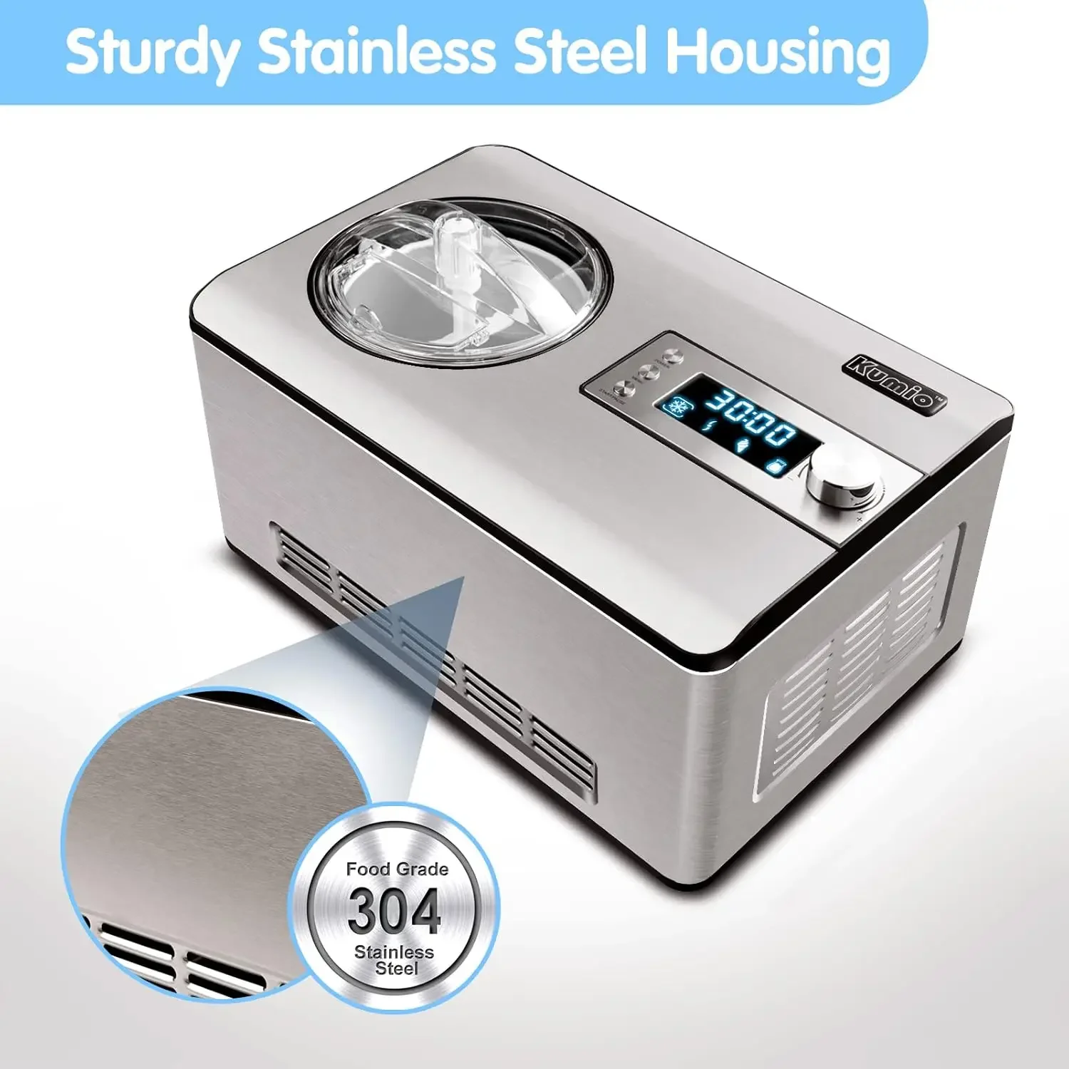 2.2-Quart Ice Cream Maker with Compressor, No Pre-Freezing, Stainless Steel Ice Cream Maker Machine with LCD Display, Time