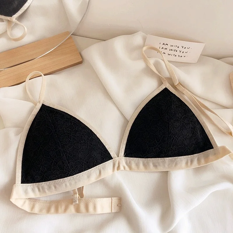 Sexy lace lingerie brief seamless triangle cup bra set thin rabbit ear  front buckle bra underwear female wirefree brassire