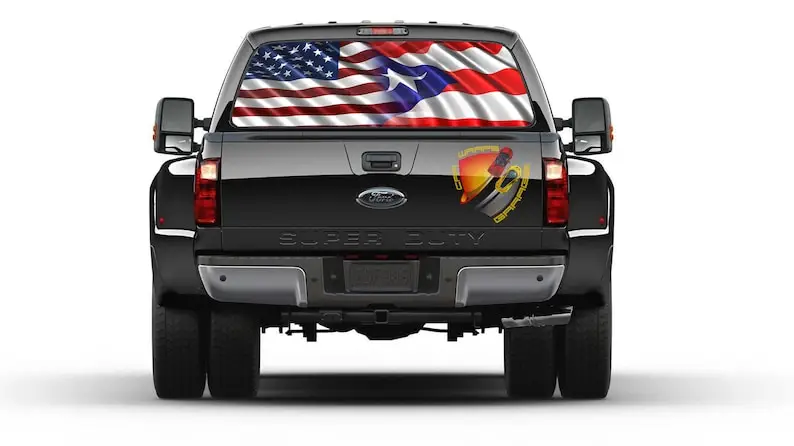

American and Puerto Rican Flag Rear Window Graphic Perforated Decal Vinyl Pickup Truck