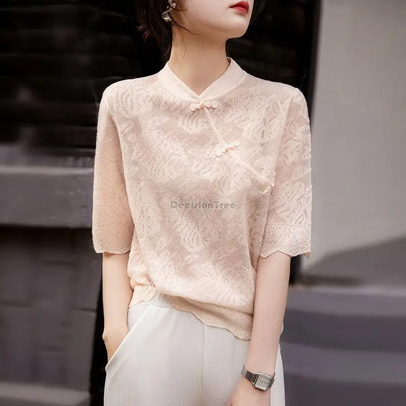 

retro women's stand-up collar cheongsam top Hollow disc button short shirt chinese style elegant knitwear casual qipao top