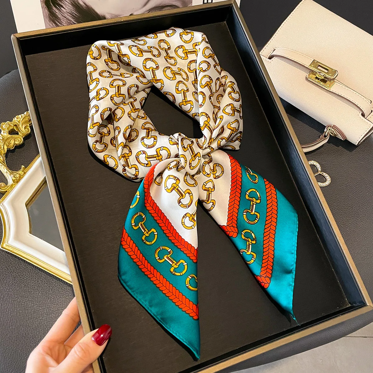 70X70CM Fashion Hair Scarf for Women Design Headband Ribbon Satin Silk Square Scarves Lady Wrist Wrap Design Multiple Styles 1