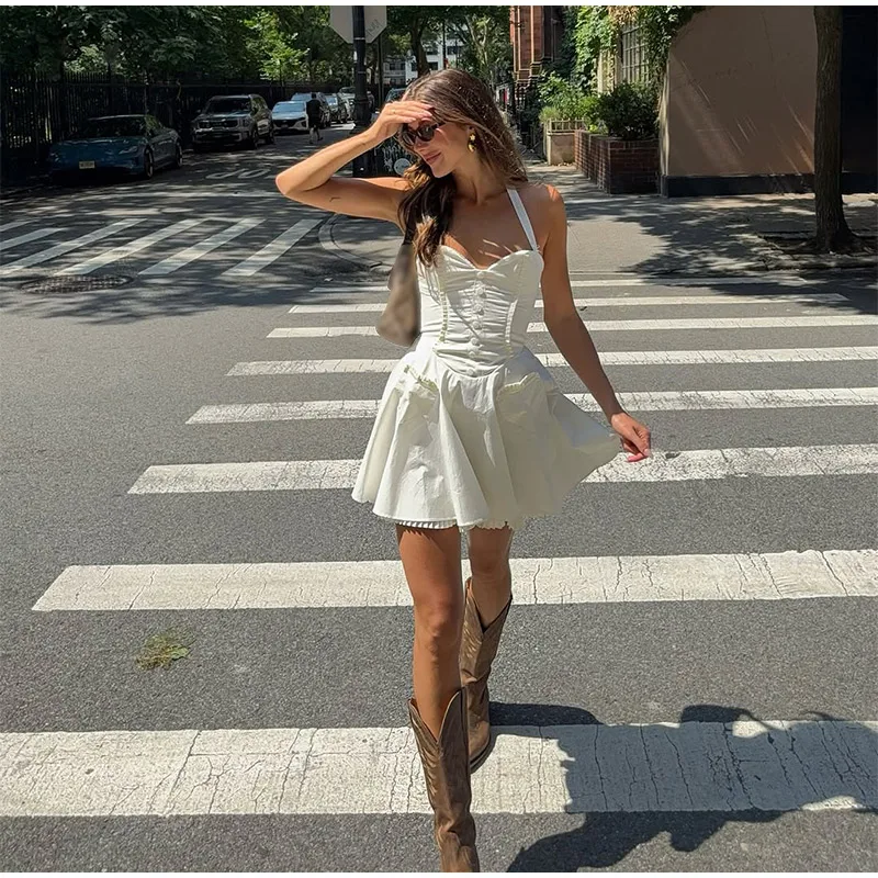 Damen Neckholder-Minikleid mit Knopfleiste, Taschen und Plissee-Saum, Figurbetonte Kleider 2026, Frühling Sommer Strand Urlaub Vestidos – Detail 12