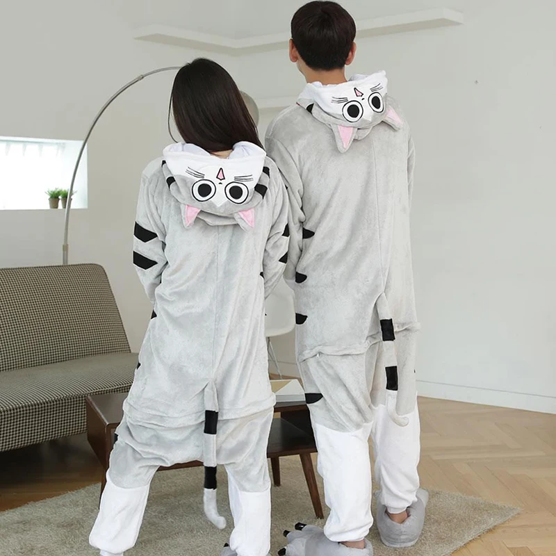 Adult Animal Onesie Pajamas Men and Women Cat Cosplay Costume Sleepwear Couple One-Piece Unisex Homewear For Halloween Christmas