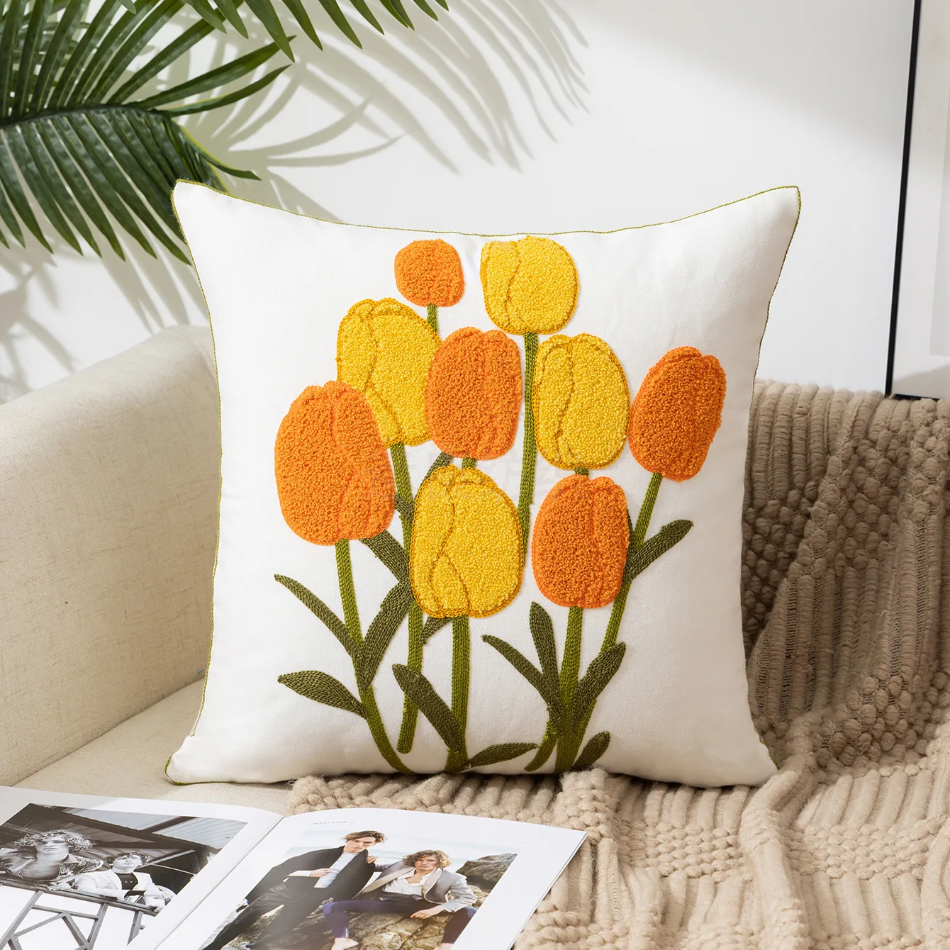 New Canvas With Embroidered Cushion Cover Pillow case Pastoral style For Home Decor /Office Living Room 45cm No Filler Flower 1