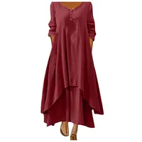 Robe longue en coton pour femmes, décontractée, à la mode, avec boutons, couleur unie, pour documents 1