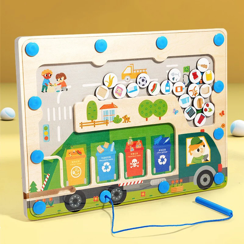 

Montessori Waste Sorting Game Toys for Kids Magnetic Color and Garbage Sorting Maze Board Kids Learning Educational Wooden Toys