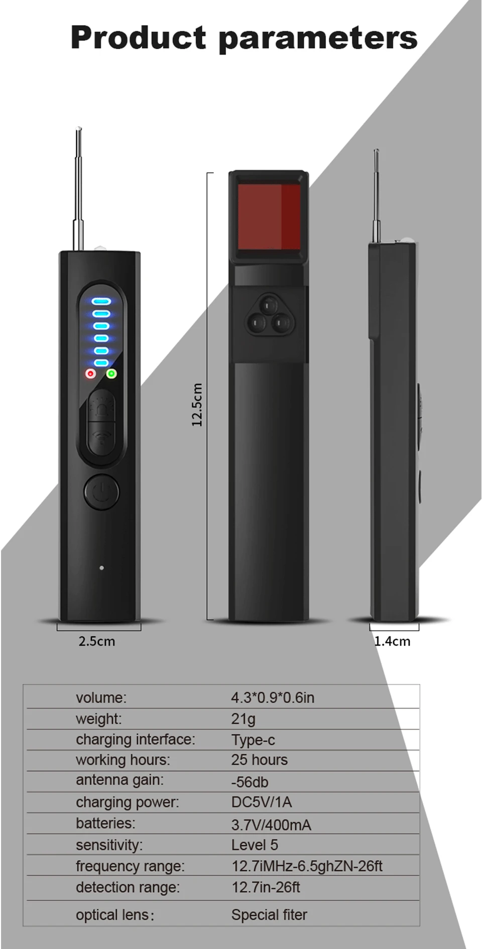 A diagram displaying discreet product parameters for anti-spy surveillance devices.