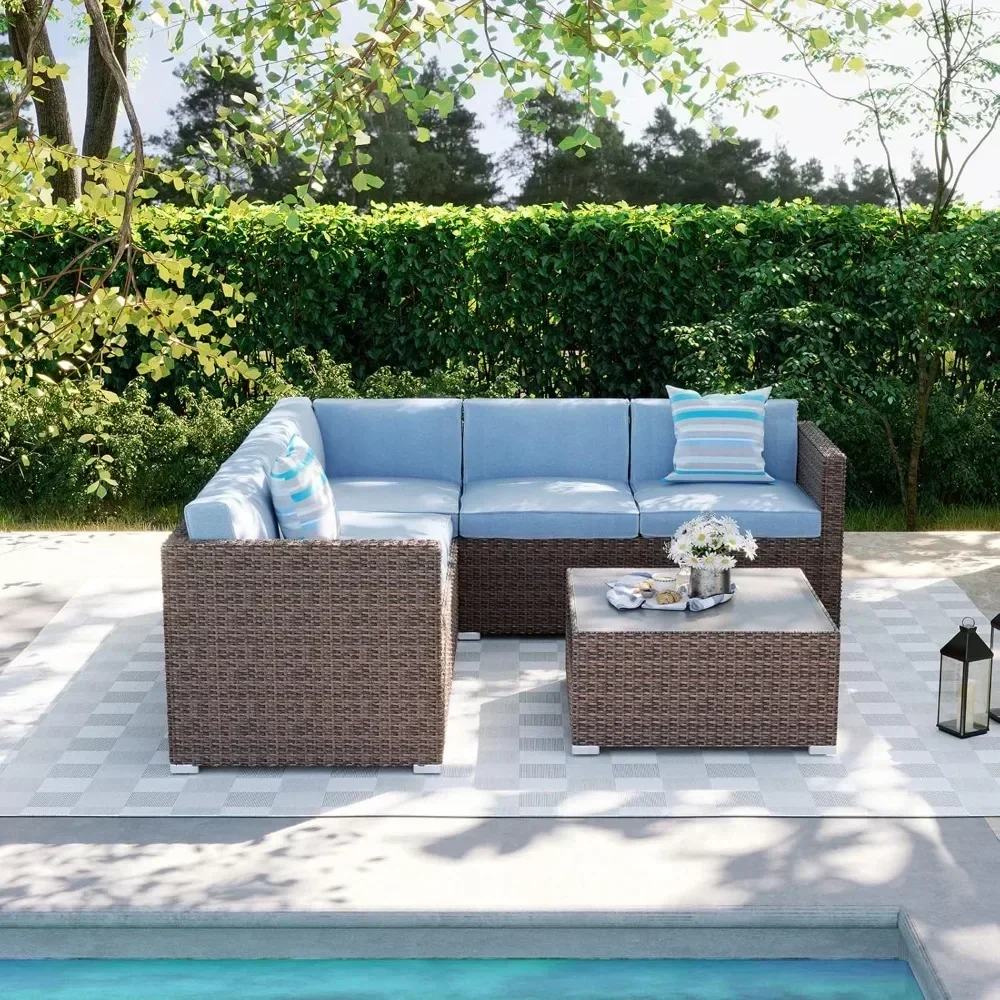 4-piece Outdoor Combination Sofa Courtyard Furniture with Blue Thick Cushion, Courtyard Conversation Set Outdoor Willow Sofa 2