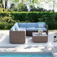 4-piece Outdoor Combination Sofa Courtyard Furniture with Blue Thick Cushion, Courtyard Conversation Set Outdoor Willow Sofa 2