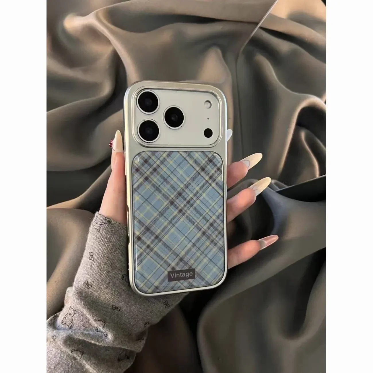 Retro Blue Brown Checkered Fashion Phone Case - Japanese and Korean Ins Style Y2K Cover