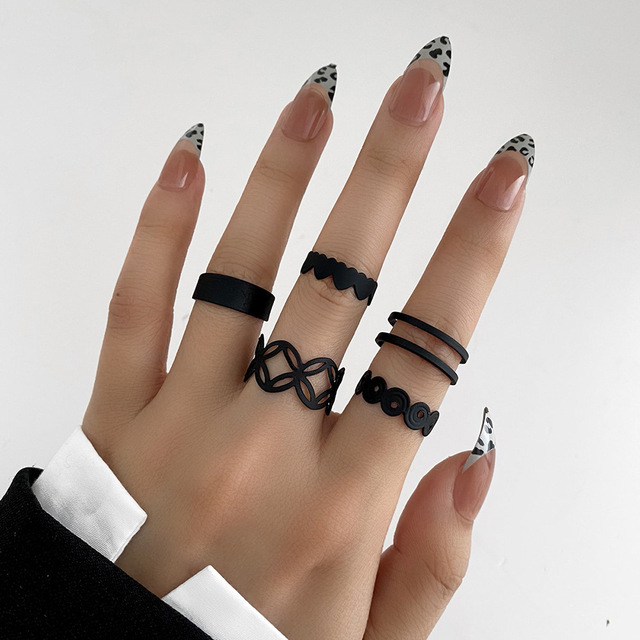 Boho Wave Black Joint Ring Sets for Women Charms Hollow Geometric Simple Party Jewely Accessories 17512