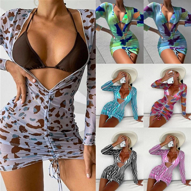 Adogirl Sexy Summer Beachwear 3 Piece Sets Women Deep V Neck Mini Dress + Bikini Sets Casual  2022 Bathing Suit Swimwear